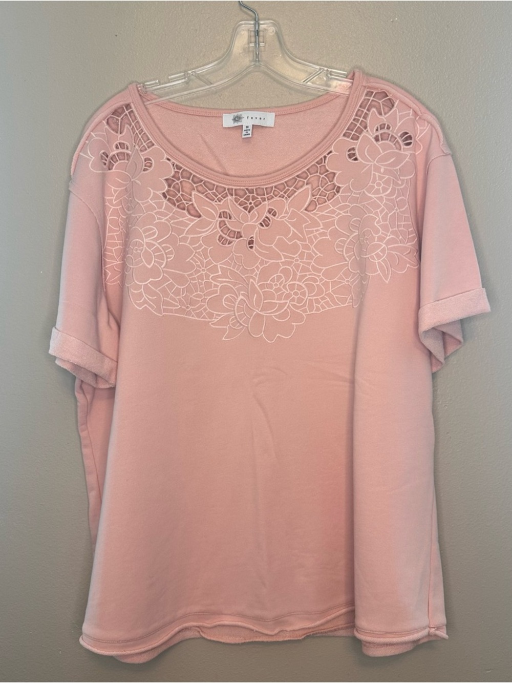 Fever Blush Pink Lace-Yoke Short Sleeve Top